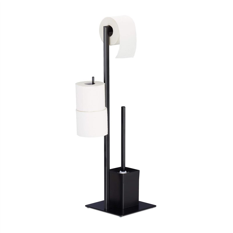 Relaxdays Brosse WC et dérouleur Papier avec Porte-Rouleaux de Rechange, Vertical, Salle de Bain, HLP 72x25x20 cm, Noir