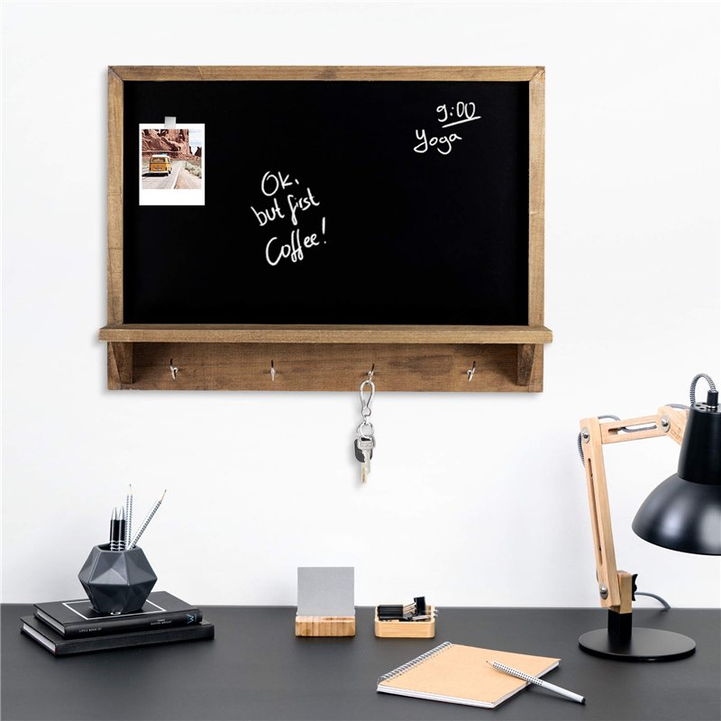 Image secondaire de Navaris Tableau noir ardoise - Tableau mural 60 x 45cm avec cadre en bois petite étagère et crochet de suspension - 4x craie blanche