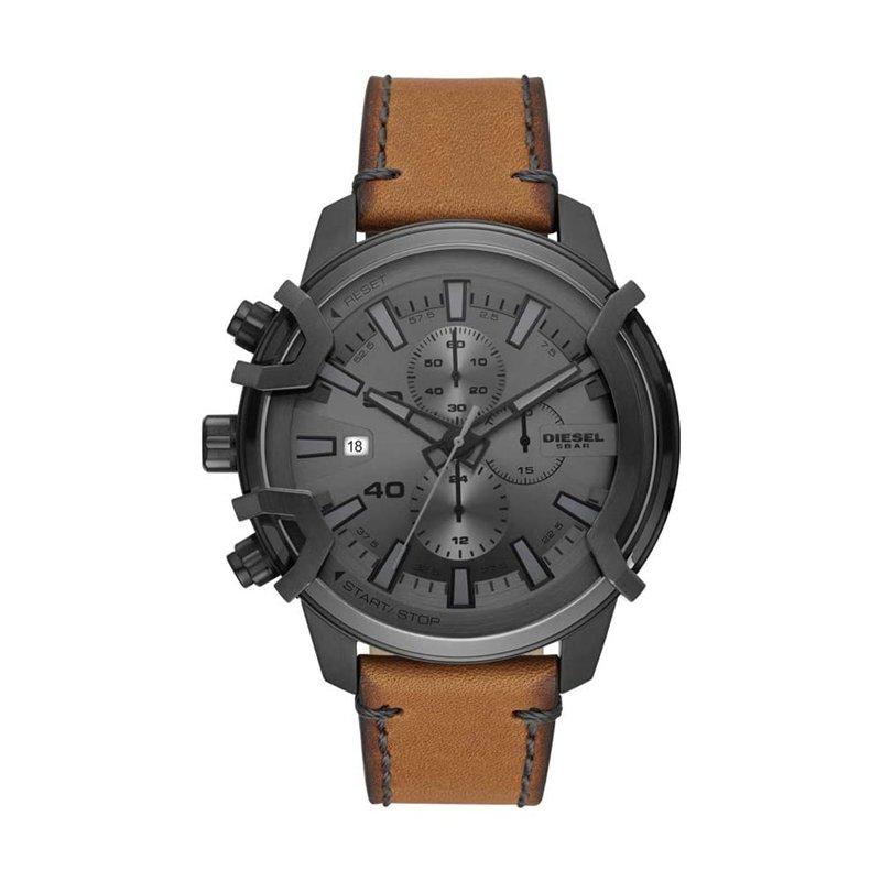 Diesel Montre pour Homme Griffed, mouvement chronographe, boîtier en acier inoxydable 48mm Gunmetal avec un bracelet en cuir, DZ