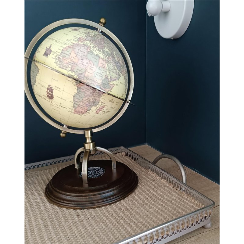 Image secondaire de Globe Terrestre Décoratif Beige et Marron avec Support Metallique et Effet Bois 25 cm de Hauteur Idéal pour Salon ou Bureau Rétr