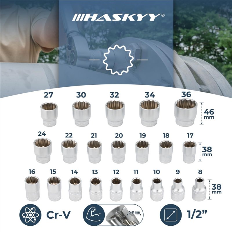 Image secondaire de HASKYY® - Lot de 21 clés à douille multidents avec profil 12 et 6 pans, 8-36 mm, XZN Torx