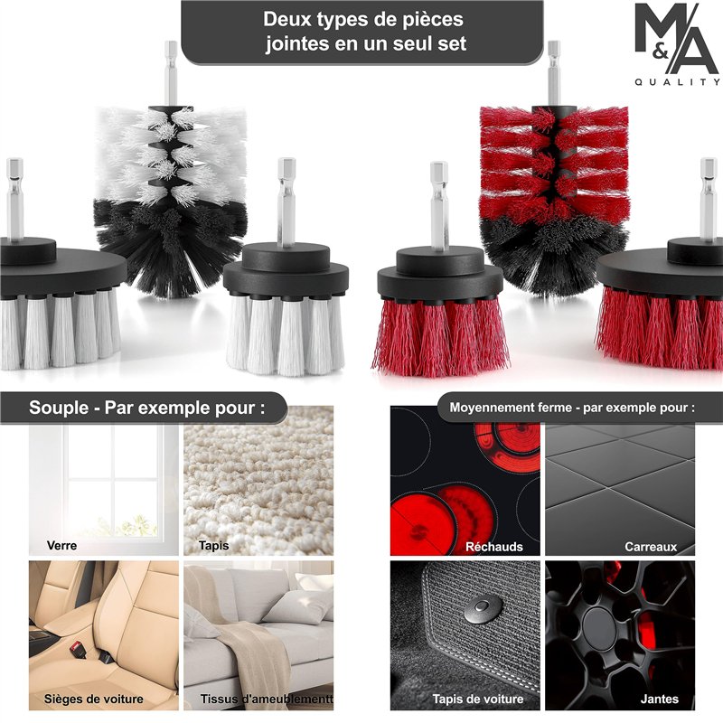 Image secondaire de Brosse Nettoyage perceuse sans Fil [Poils Souples et durs]. Nettoie Vite Voiture, Tissus, Jantes, Salle de Bain - Brosse perceus