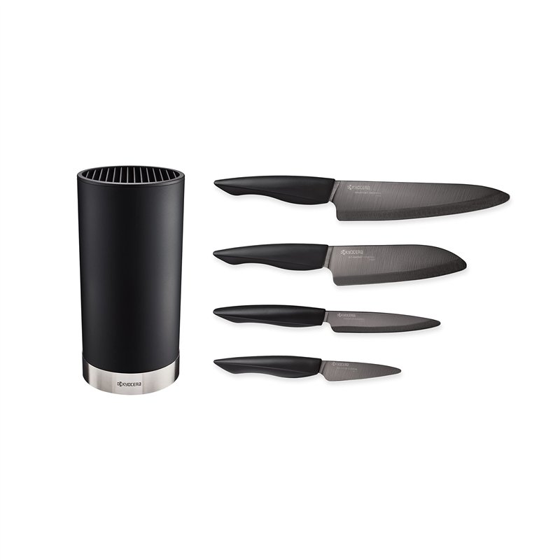 Kyocera KB-RD BK 4KN ZK EU Set de couteaux en céramique avec couteau à éplucher, couteau universel, couteau Santoku et bloc rond