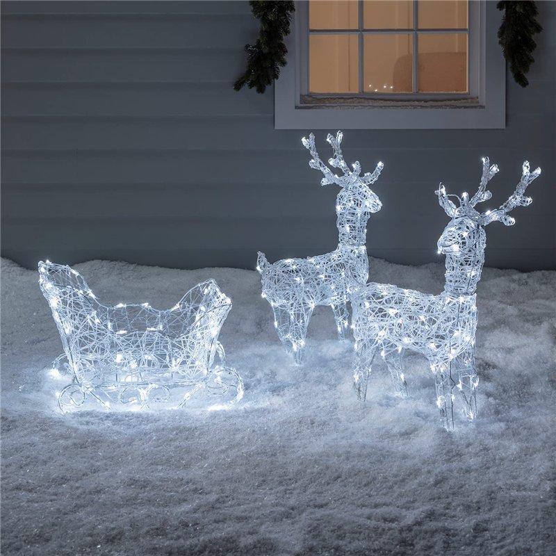 Image secondaire de Lights4fun Duo de Rennes et Traîneau Lumineux de Noël avec 240 LED Blanc à Piles en Acrylique avec Minuterie Décoration de Noël 