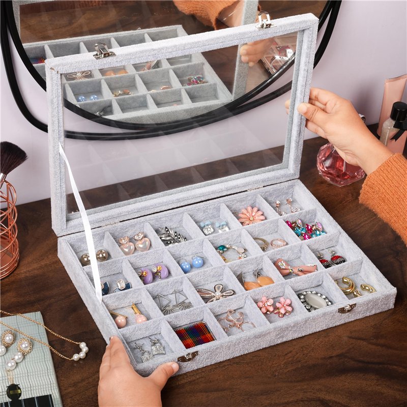 Image secondaire de BELLE VOUS Boite a Bijoux Femme - Boîte à Bijoux Femme en Velours avec 24 Sections et Couvercle - Organisateur Modulable pour Ra