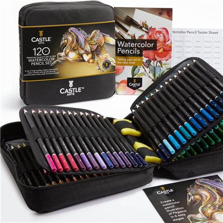 Castle Art Supplies Lot de 120 crayons aquarelle avec suppléments | Pigments vibrants de qualité | Dessinez et peignez en même t