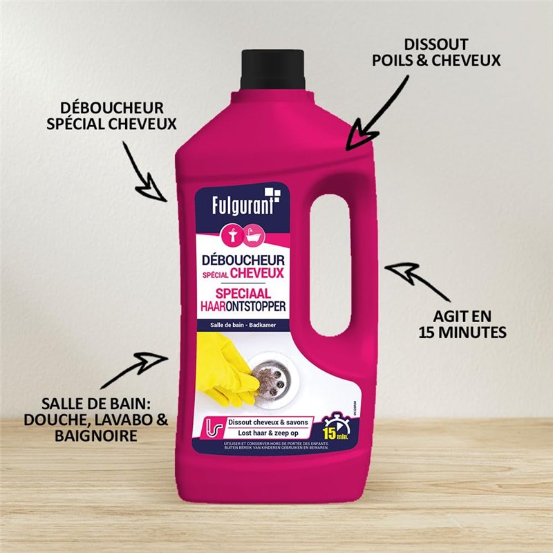 Image secondaire de Fulgurant Déboucheur Spécial Cheveux, Action rapide, Cheveux et Poils, Salle de Bain, Douches, Lavabos, Bains, 800 ml