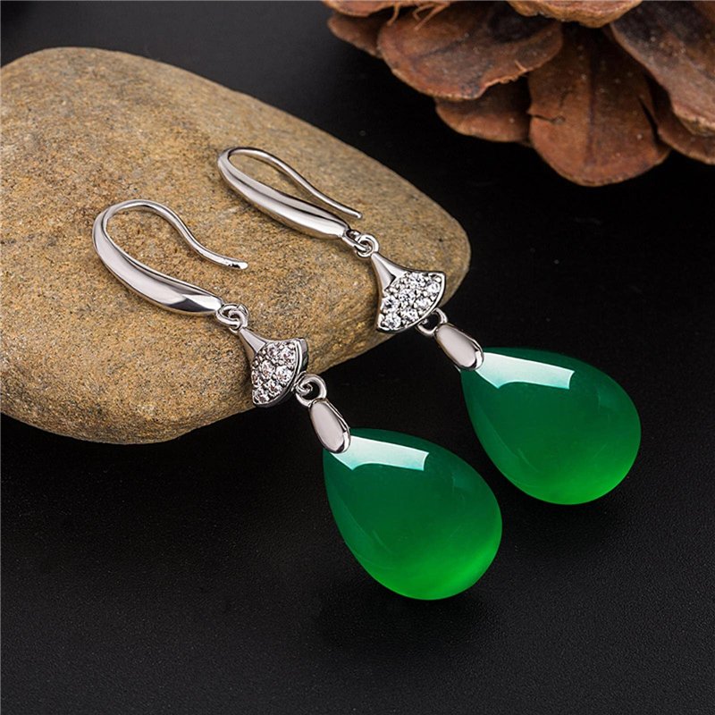 Image secondaire de Vintage Naturel Émeraude Jade Calcédoine Femme Boucles d'oreilles 925 Argent Goutte d'eau Vert Jadéite Pierres Précieuses Bijoux