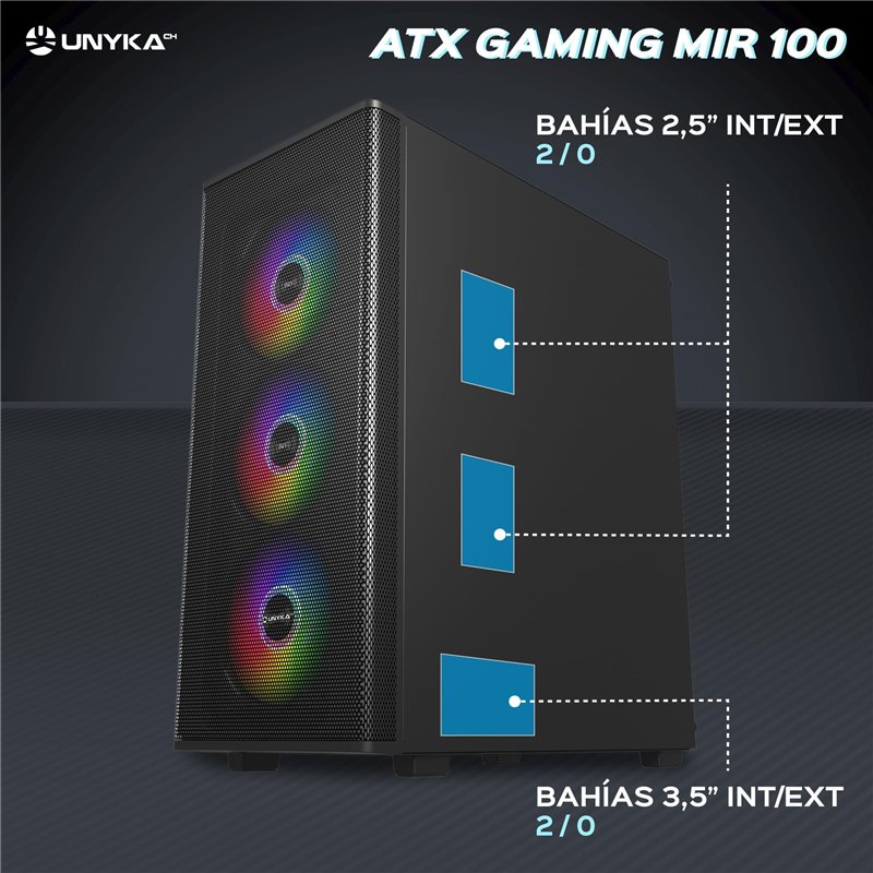 Image secondaire de UNYKAch Mir 100 Caja ATX Gaming Cristal Templado Lateral y 4 Ventiladores ARGB Negra
