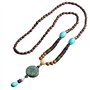 THTHT Vintage En Perles Long Collier Chaîne Chandail Sculpture Sur Bois Naturel Ethnique Blue Mantra De Six Caractères Bohemian