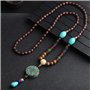 THTHT Vintage En Perles Long Collier Chaîne Chandail Sculpture Sur Bois Naturel Ethnique Blue Mantra De Six Caractères Bohemian 