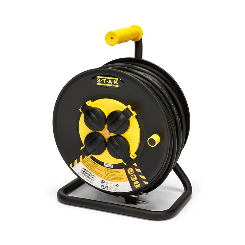 Stak REELART-FR-25 Enrouleur electrique professionnel, water proof IP44 cable 25m en caoutchouc 3G2.5m㎡ pour chantier, bricolage