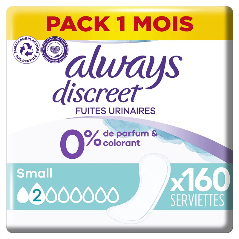 Always Discreet 0%, 160 Serviettes Hygiéniques Incontinence Femme, Small 2 Gouttes, Protection Absorbante pour Fuites Urinaires 
