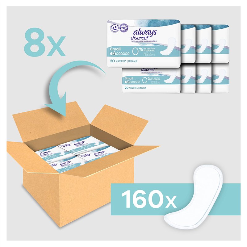 Image secondaire de Always Discreet 0%, 160 Serviettes Hygiéniques Incontinence Femme, Small 2 Gouttes, Protection Absorbante pour Fuites Urinaires 