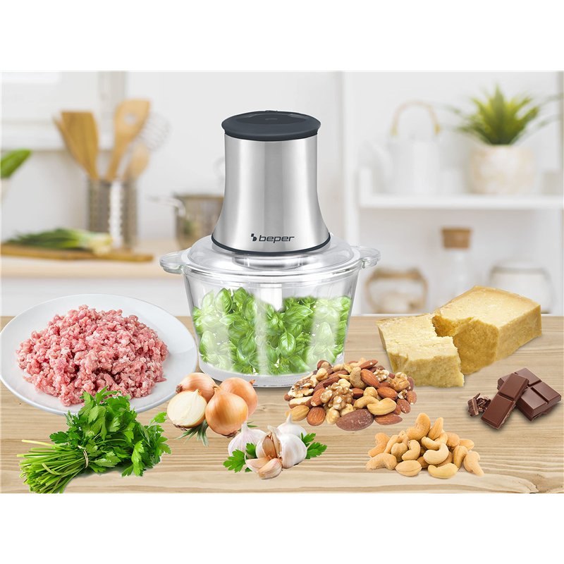 Image secondaire de BEPER P102ROB001 Hachoir en verre, récipient en verre, corps Abs, double paire de lames en acier, 2 vitesses, base antidérapante