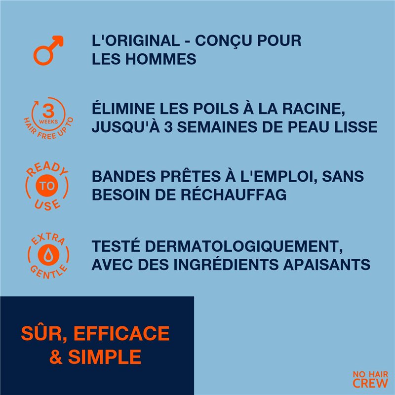 Image secondaire de NO HAIR CREW Bandes De Cire pour l'épilation du corps. Pour Hommes, 20 Bandes et 4 Lingettes Apaisantes