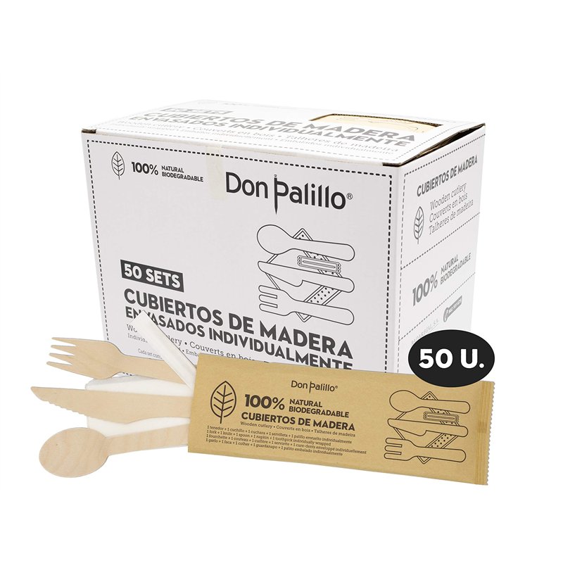 Don Palillo Lot de 50 sets de couverts en bois jetables 100% biodégradable (fourchette + couteau + cuillère + serviette)