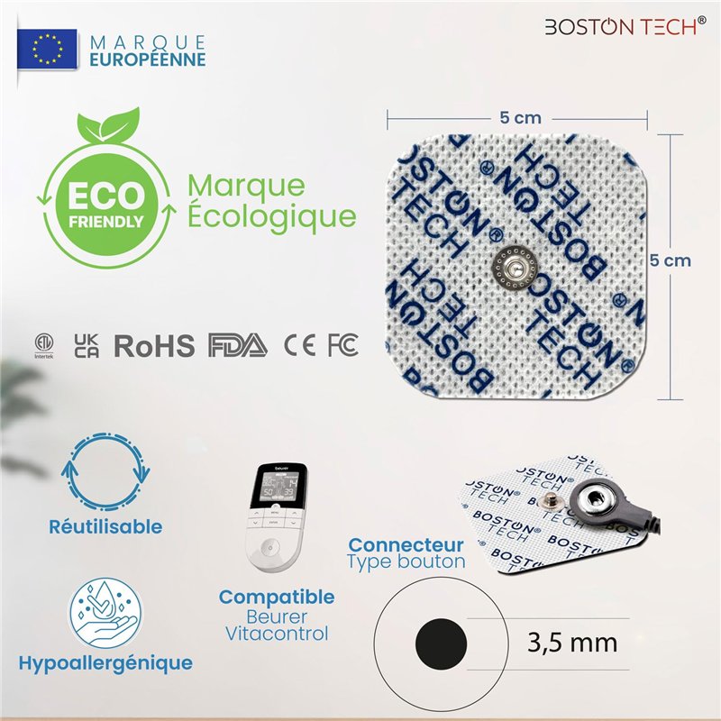 Image secondaire de Boston Tech 16 Électrodes compatibles avec électrostimulateurs Beurer, Vitalcontrol | Pads pour TENS EMS avec connecteur à Bouto