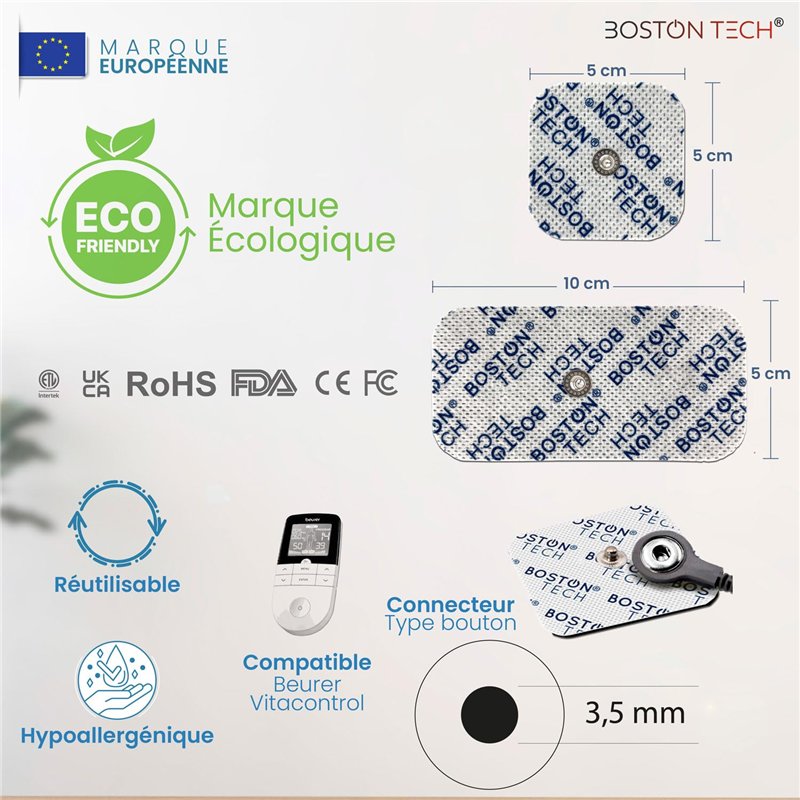 Image secondaire de Boston Tech 16 Électrodes compatibles avec électrostimulateurs Beurer, Vitalcontrol | Pads pour TENS EMS avec connecteur à Bouto
