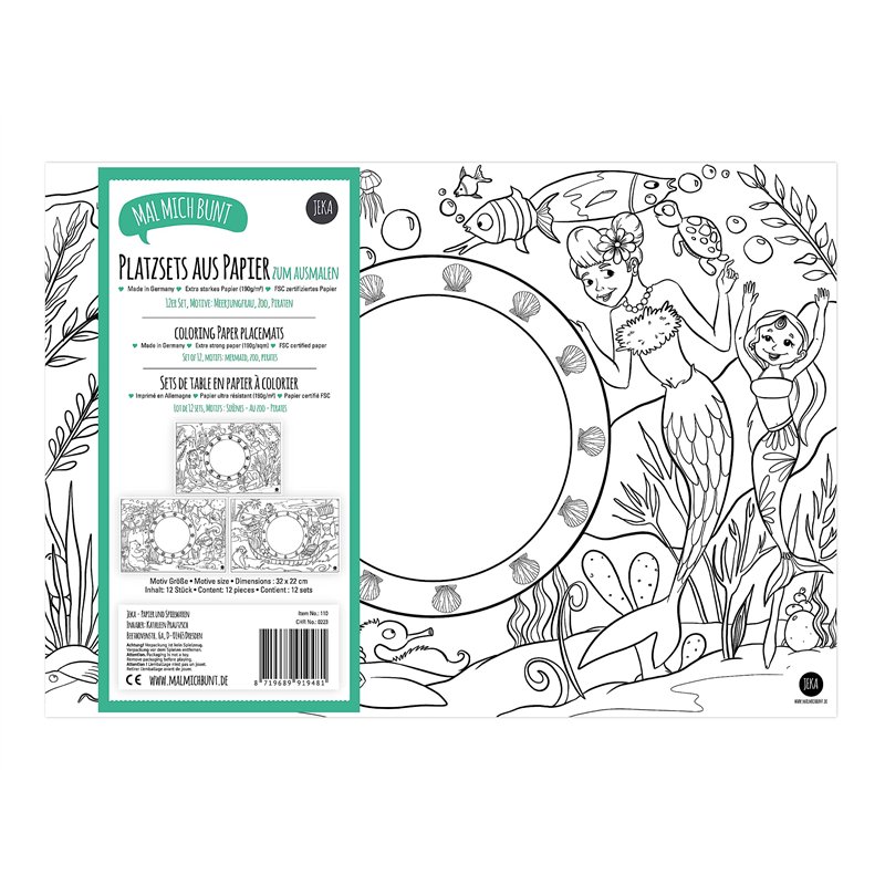 Lot de 12 Sets de Table à colorier, Motifs : Sirènes – Au Zoo – Pirates, 4 Sets de Table à colorier de Chaque Motif, Coloriage p