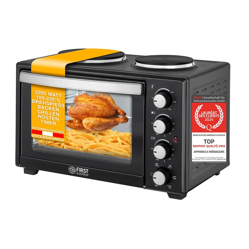 TZS First Austria Mini Four Electrique 30L, 3200W, Four Posable à Convection avec Minuteur 0-60 min, Grille et Plaque de Four av