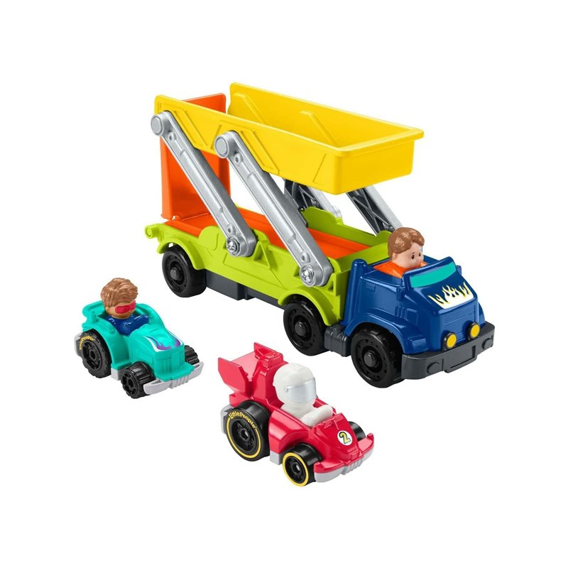 Fisher-Price Little People Camion de Transport 2-en-1 qui se transforme en rampe pour voitures, 2 véhicules Wheelies inclus, jou