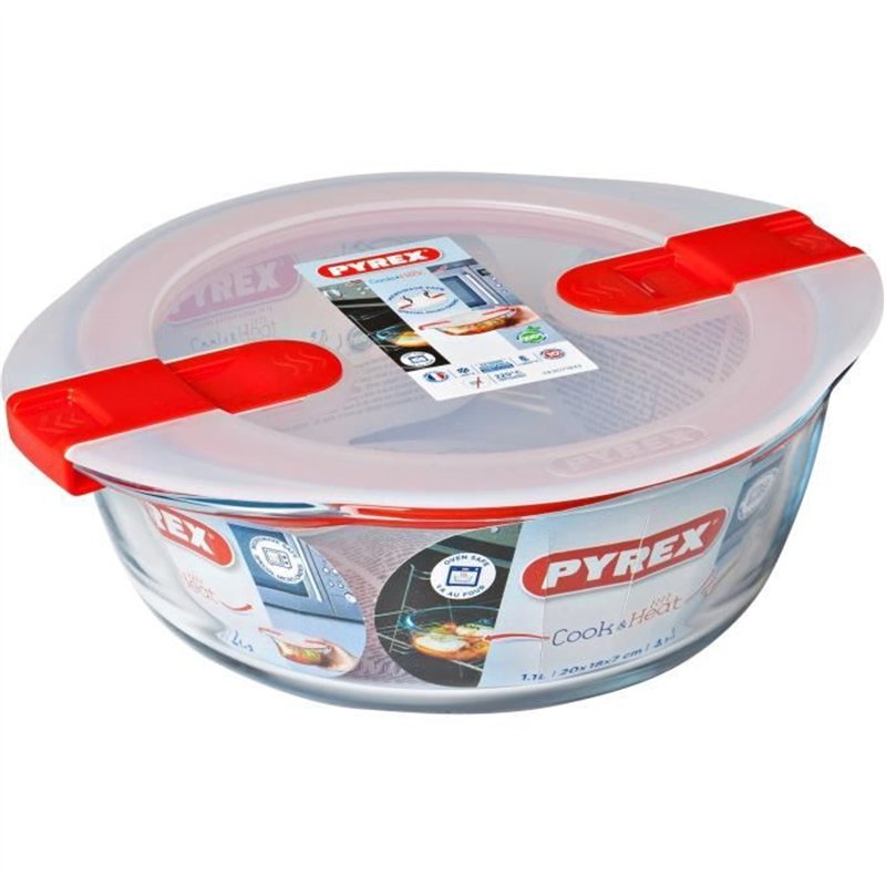 Boîte ronde avec couvercle - PYREX - 1451018 - 20 x 18 cm - 1,1 L - Cook & Heat - Base en verre borosilicate