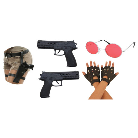 CA SE FETE Deguisement Femme Sexy I Cosplay Accessoires I 2 x Pistolets 21 cm I Gants Noires I Lunettes De Soleil Rouge I Ceintu