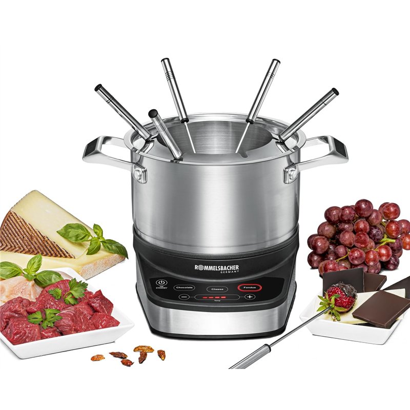 ROMMELSBACHER Set à fondue électrique F 1200 – Casserole à fondue en acier inoxydable (2,5 litres), 6 fourchettes à fondue, 3 pr