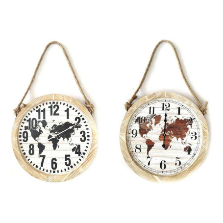 Horloge Murale DKD Home Decor Noir Marron Corde Bois MDF Mappemonde (2 pcs) (50 x 4 x 50 cm)