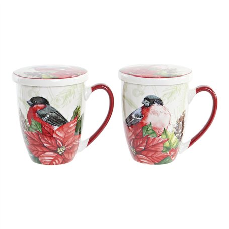 Tasse à infusion DKD Home Decor Oiseau Porcelaine Rouge Vert (380 ml) (2 Unités)