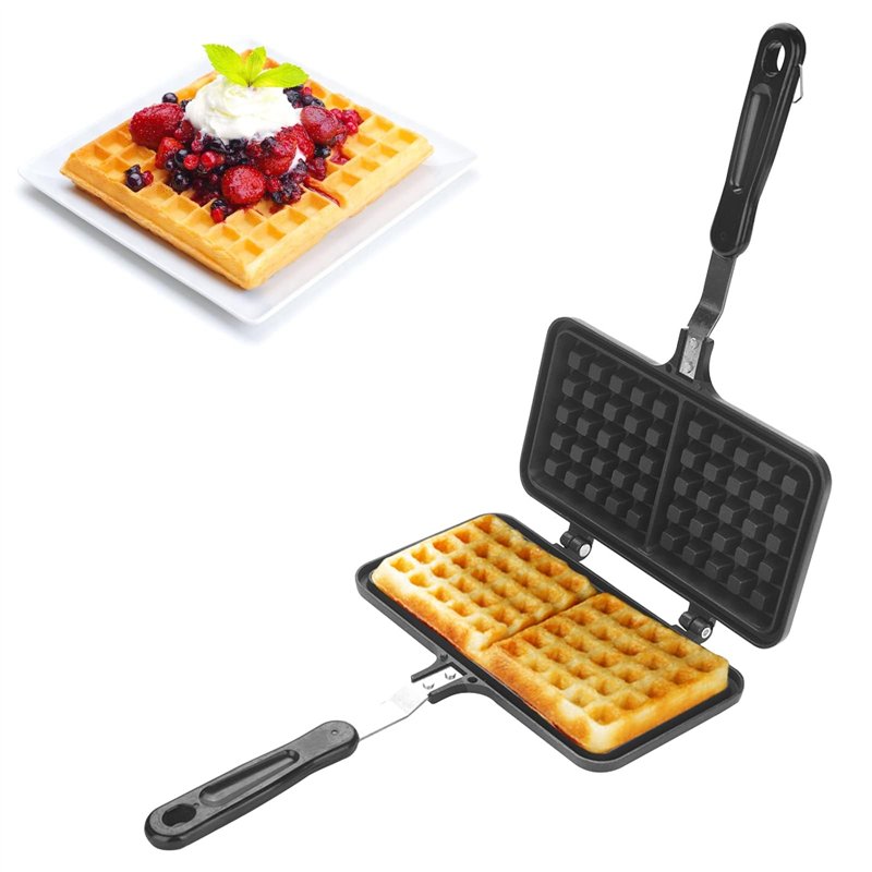 Gaufrier pour cuisinière, poêle à gaufres en fonte antiadhésive Double gaufriers belges pour le camping, la cuisson du petit-déj