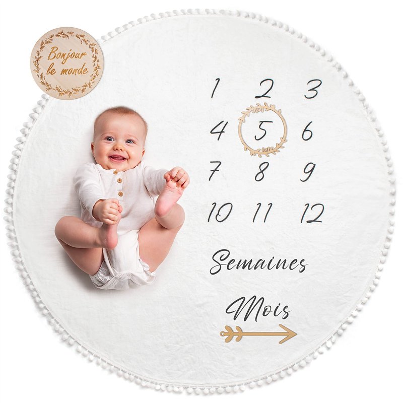 ODOXIA Couverture Etape Bébé en Français | Tapis Photo Rond Mois Garçon, Fille, Unisexe | Neutre | Cadeau Baby-Shower Personnali