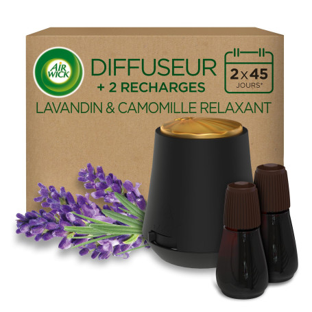 Air Wick Diffuseur d’huiles Essentielles Essential Mist + 2 Recharges Parfum Lavande et Camomille Blanc