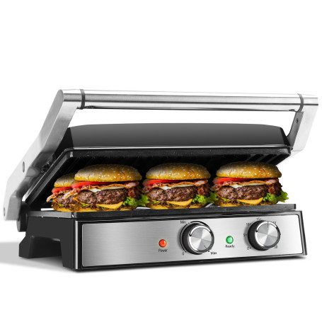 Aigostar Grill Electrique, Gril Viande et Panini, Revêtement Antiadhésif en Céramique, Minuterie de 30min, 2000W, Ouverture à 18