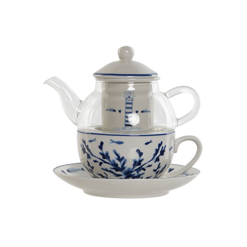 Théière Home ESPRIT Bleu Blanc Verre Porcelaine