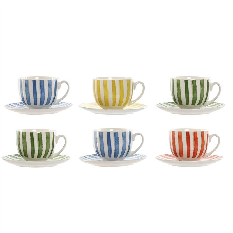 Jeu de 6 tasses avec plat Home ESPRIT Jaune Bleu Vert Corail Porcelaine 240 ml