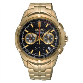 SEIKO SSB438 Coutura Montre à quartz chronographe pour homme Cadran noir en acier inoxydable avec bracelet doré clair Étanche ju SEIKO SSB438 Coutura Montre à quartz chronographe pour homme Cadran noir en acier inoxydable avec bracelet doré clair Étanche ju