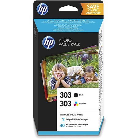 HP 303 Pack Economique 2 Cartouches d'Encre Authentiques Noire et Trois Couleurs + un Pack de 40 feuilles de Photo 10x15 cm (Z4B