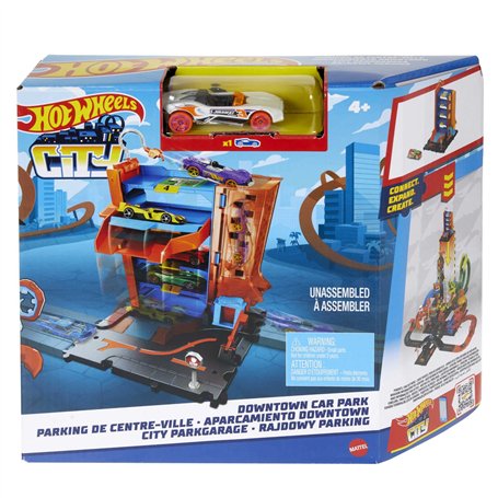 Hot Wheels - Coffret Garage City Downtown - avec 1 Voiture Espace pour 4 Véhicules - Compatible Circuits et Kits City - Cadeau d