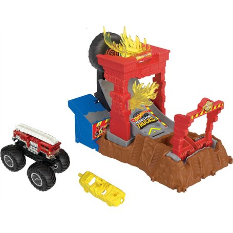 Hot Wheels Coffret de Jeu Monster Trucks Arena Smashers 5-Alarm Défi Incendie avec Un Camion-Jouet à 5 alarmes et 1 Voiture écra