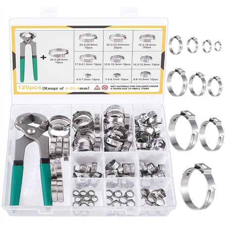 MIAHART 120Pcs Colliers de serrage à une oreille en acier inoxydable avec 10 tailles Pince à sertir en continu 304 pour sécurise