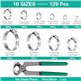 MIAHART 120Pcs Colliers de serrage à une oreille en acier inoxydable avec 10 tailles Pince à sertir en continu 304 pour sécurise