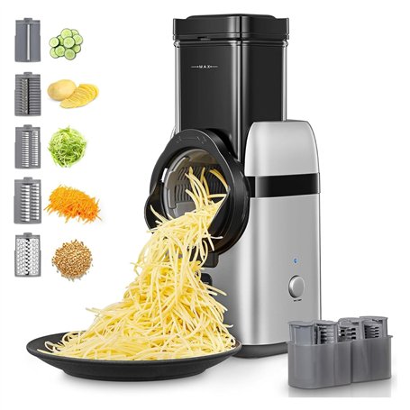 FOHERE Râpe a Légumes Électrique， 5 en 1 Elektrische Reibe，80W trancheuse à légumes avec plusieurs lames interchangeables et boî