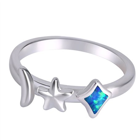 KELITCH Bague Mariage Femme Argent 925 Étoiles Lune Four Horn Opale Anneau Simples Fiançailles Alliance Cadeau Bijou Bleu
