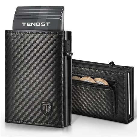 TENBST Porte Carte | Portefeuille en Cuir Carbone Bloquant RFID | Etui Carte Bancaire Anti Piratage | Porte Monnaie avec Billets
