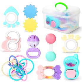 Hochet de Dentition Ensemble, Bébé Jouets Sensoriels Secouer et Attraper, Musicaux Infantile Nouveau-Né Éducatifs Précoce Animau Hochet de Dentition Ensemble