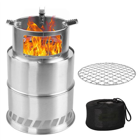 Poêle à bois de camping portable avec plaque en filet de barbecue