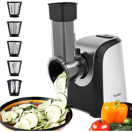 Meykey Râpe électrique pour légumes et fruits 150 W avec 5 accessoires et grand tube d'alimentation pour vos légumes et fruits