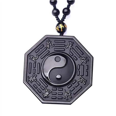 Kagodri Collier avec pendentif en obsidienne noire Yin Yang pour homme et femme - Amulette rétro Feng Shui